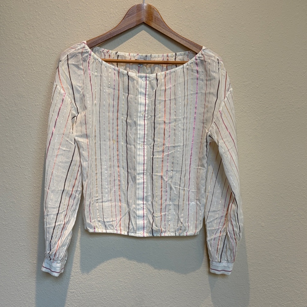 Joie Cream Button-Front Long Sleeve Blouse with Metallic Stripes